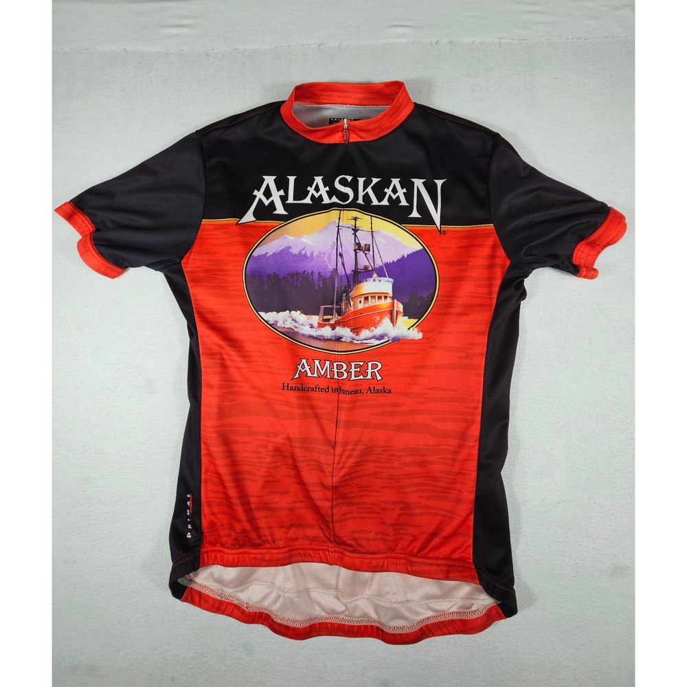Primal Wear Alaskan Amber Beer Cycling Jersey Mens XL Red Black Fishing Boat